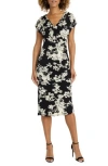 Maggy London Draped Short Sleeve Midi Dress In Black/ivory