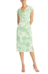 Maggy London Draped Short Sleeve Midi Dress In Sage/ivory