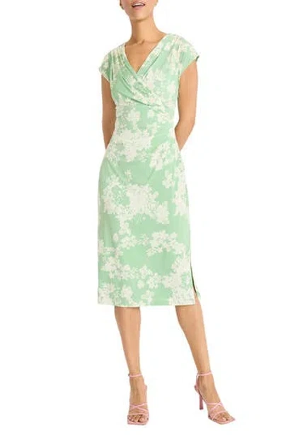Maggy London Draped Short Sleeve Midi Dress In Sage/ivory