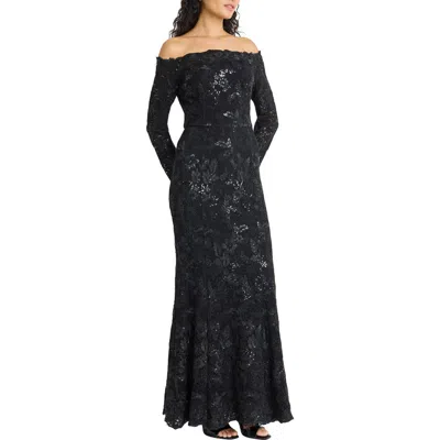 Maggy London Embellished Off The Shoulder Long Sleeve Gown In Black