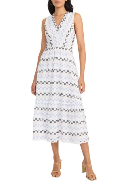 MAGGY LONDON MAGGY LONDON EMBROIDERED EYELET SLEEVELESS COTTON A-LINE MIDI DRESS