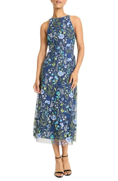 Maggy London Embroidered Floral Halter Neck Dress In Blue/green