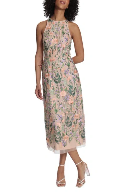 Maggy London Embroidered Floral Halter Neck Dress In Red/pink Multi