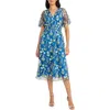 Maggy London Embroidered Flutter Sleeve Dress In Blue/green