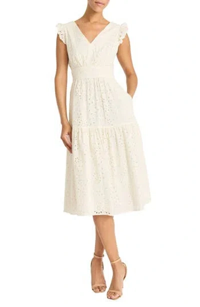 Maggy London Eyelet Ruffle Sleeve Tiered Dress In Antique White