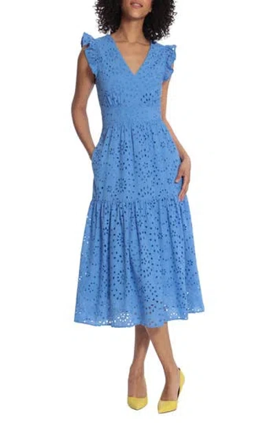 Maggy London Eyelet Ruffle Sleeve Tiered Dress In Marina Blue