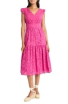 Maggy London Eyelet Ruffle Sleeve Tiered Dress In Very Berry