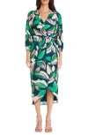 Maggy London Faux Wrap Dress In Navy/pink/emerald