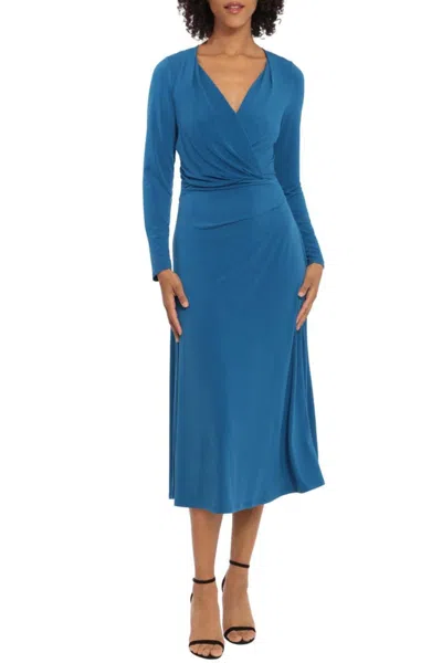 Maggy London Faux Wrap Long Sleeve Midi Dress In Classic Blue