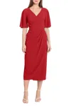Maggy London Faux Wrap Short Sleeve Midi Dress In Rhubarb In Red