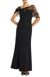 Maggy London Floral Appliqué Convertible Sleeve Gown In Black