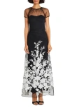 Maggy London Floral Appliqué Detail Mesh Gown In Black/silver