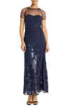 Maggy London Floral Appliqué Detail Mesh Gown In Navy