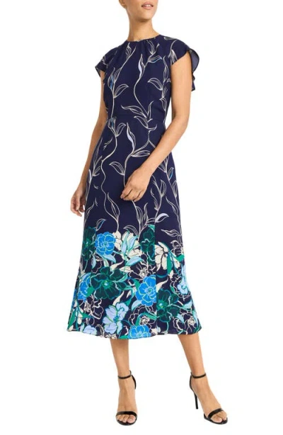 Maggy London Floral Back Ruffle Detail Midi Dress In Navy/cobalt Blue