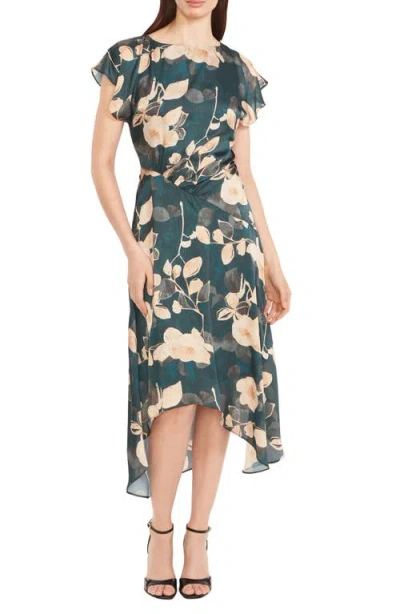 Maggy London Floral Cap Sleeve Asymmetric Midi Dress In Green