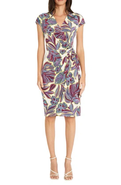Maggy London Floral Cap Sleeve Matte Jersey Wrap Dress In Soft White/ Arles Yellow