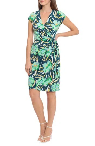 Maggy London Floral Cap Sleeve Matte Jersey Wrap Dress In Teal/mint
