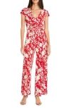 Maggy London Floral Cap Sleeve Wrap Tie Jumpsuit In Red/ivory
