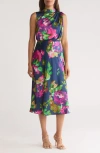 Maggy London Floral Charmeuse Midi Dress In Navy/hot Pink