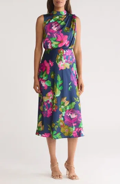 Maggy London Floral Charmeuse Midi Dress In Navy/hot Pink