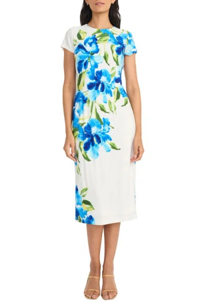 Maggy London Floral Cocktail Dress In White/royal Blue