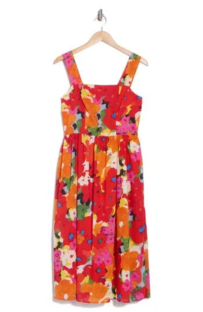 Maggy London Floral Cotton Voile Fit & Flare Dress In White/flame Red