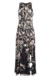 Maggy London Floral Embroidered Mesh Gown In Black/ Mauve/ Gold