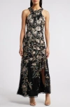 Maggy London Floral Embroidered Mesh Gown In Black/mauve/gold