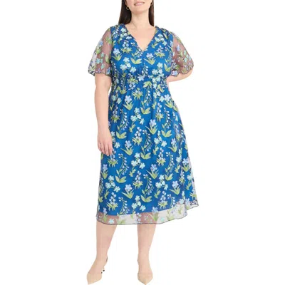 Maggy London Floral Embroidered Short Sleeve Midi Dress In Blue