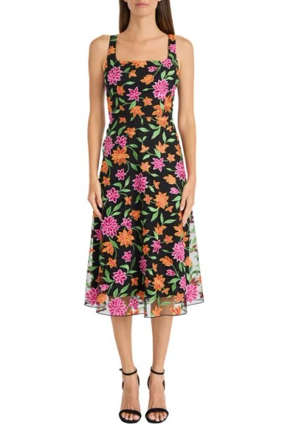 Maggy London Floral Embroidered Sleeveless Midi Dress In Pink/black Multi