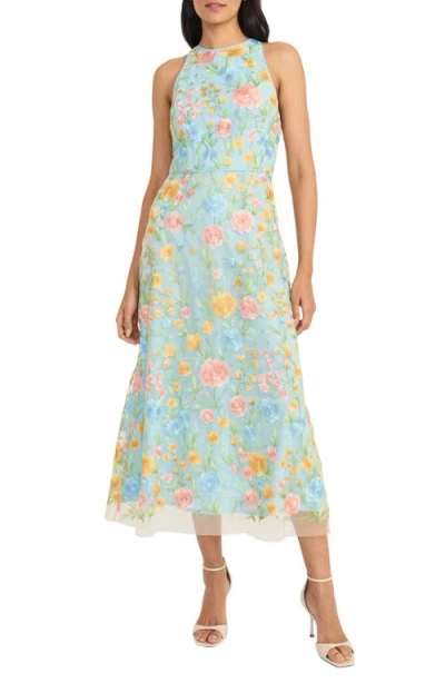 Maggy London Floral Embroidered Sleeveless Midi Dress In Yellow/pink/blue