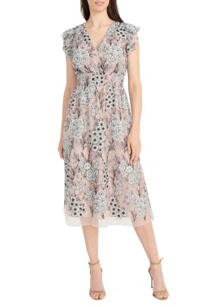 Maggy London Floral Flutter Sleeve Smock Waist Midi Dress In Multi