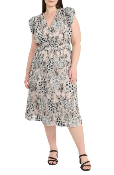 Maggy London Floral Flutter Sleeve Smock Waist Midi Dress In Black,ivory