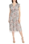 Maggy London Floral Flutter Sleeve Smock Waist Midi Dress In Black/ivory