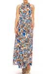 Maggy London Floral Halter Keyhole Maxi Dress In White Royal Blue In Multi