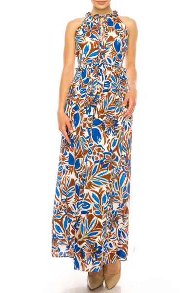 Maggy London Floral Halter Keyhole Maxi Dress In White Royal Blue In Multi