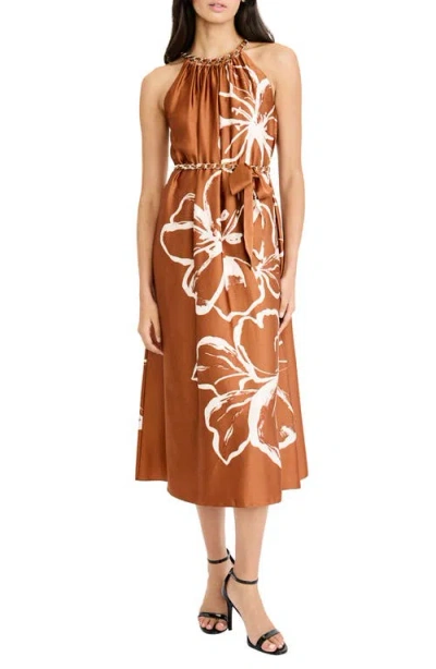 Maggy London Floral Halter Neck Belted Midi Dress In Brown