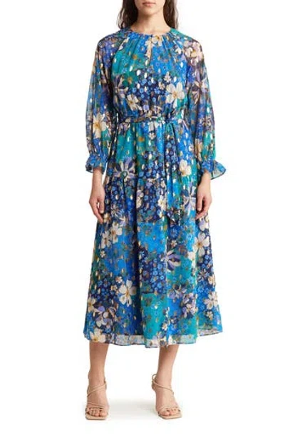 Maggy London Floral Long Sleeve Chiffon Dress In Cream/teal