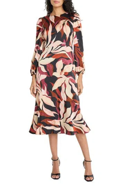 Maggy London Floral Long Sleeve Flounce Hem Midi Dress In Multi