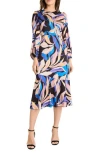 Maggy London Floral Long Sleeve Flounce Hem Midi Dress In Navy/violet Storm