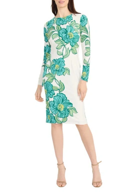 Maggy London Floral Long Sleeve Knit Midi Dress In White/green