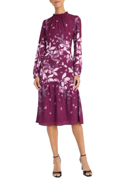 Maggy London Floral Long Sleeve Midi Dress In Purple