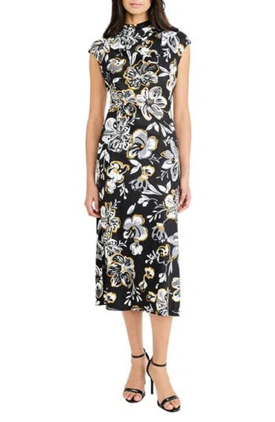 Maggy London Floral Mock Neck Cap Sleeve A-line Midi Dress In Animal Print