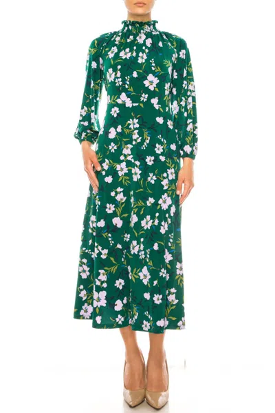 Maggy London Floral Mock Neck Midi Dress In Green Lilac
