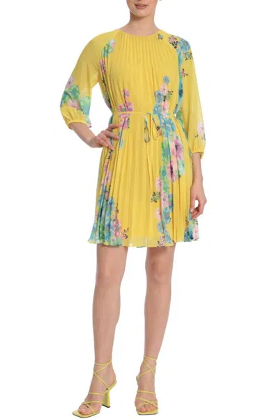 Maggy London Floral Pleated Knee Length Dress In Lemon Drop Blue In Yellow
