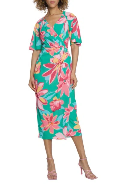 Maggy London Floral Print Faux Wrap Midi Dress In Green/ Coral