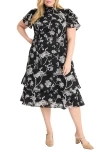 Maggy London Plus Size Floral Organza Midi Dress In Black/white