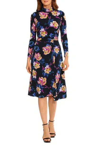 Maggy London Floral Ruched Detail Bracelet Sleeve A-line Midi Dress In Midnight Navy/french Blue