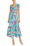 Maggy London Floral Ruffle Tiered Maxi Dress In Navy/aqua