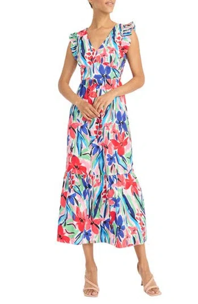 Maggy London Floral Ruffle Tiered Maxi Dress In Soft White/flame Red